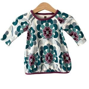 Tea Collection Milk Flower Power Long Sleeve Dress - White Purple Aqua - 3-6M